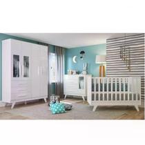 Quarto de Bebê Completo com Guarda Roupa com Janela Cômoda e Berço 100% MDF Kakau Retrô Espresso Móveis Branco Brilho