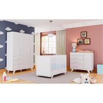 Quarto de Bebê Completo com Guarda Roupa Cômoda e Berço 100% MDF Jolie Retrô Espresso Móveis Branco Brilho