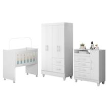 Quarto De Bebê Completo Com Moises E Colchão Guarda Roupa 4 Portas 2 Gavetas Cômoda 4 Gavetas 1 Porta Trocador Branco