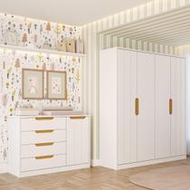 Quarto de Bebê Completo Cômoda 4 Gavetas Guarda Roupa 4 Portas Nuvem 100% MDF