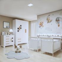 Quarto de Bebê Completo Gêmeos com Guarda-roupa, 2 Berços e Cômoda Gael Branco