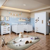 Quarto de Bebê Completo Gêmeos com Guarda-roupa, 2 Berços e Cômoda Gael