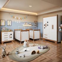 Quarto de Bebê Completo Gêmeos com Guarda-roupa, 2 Berços e Cômoda Gael