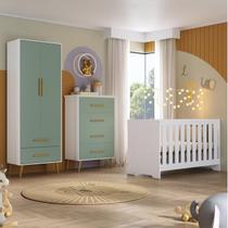 Quarto de Bebê Completo Guarda-Roupa 2 Portas 2 Gavetas com Cômoda e Berço Magia Espresso Móveis Verde/Branco