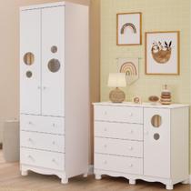 Quarto de Bebê Completo Guarda Roupa 2 Portas Cômoda 1 Porta 4 Gavetas Bolinha 100% MDF