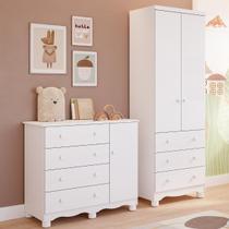 Quarto de Bebê Completo Guarda Roupa 2 Portas Cômoda 1 Porta 4 Gavetas MDF Junior Faura