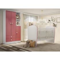 Quarto de Bebê Completo Guarda Roupa 3 Portas 2 Gavetas com Berço Lua Móveis Percasa Branco/Rosa