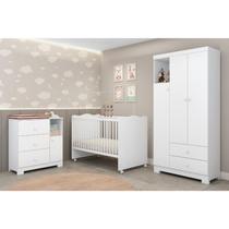 Quarto de Bebê Completo Guarda-roupa 3 Portas Cômoda 3 Gavetas 1 Porta e Berço Mini Cama Flofy
