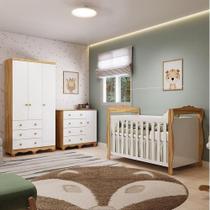 Quarto de Bebê Completo Guarda-roupa 3 Portas Cômoda e Berço Minicama 100% Mdf Nina Espresso Móveis Branco Brilho/Amêndoa
