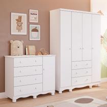 Quarto de Bebê Completo Guarda Roupa 4 Portas Cômoda 1 Porta 4 Gavetas MDF Junior Faura
