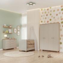 Quarto de Bebê Completo Guarda Roupa 4 Portas Cômoda 4 Gavetas 1 Porta e Berço Em MDF Lívia Permóbili com Colchão Gazin