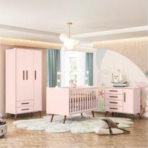 Quarto de Bebê Completo Guarda-Roupa, Berço e Cômoda Q-Encanto Retrô Rosa/Acetinado