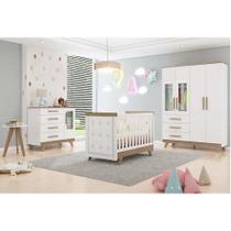 Quarto de Bebê Completo Guarda Roupa com Janela Cômoda Mesa e Berço com Capitone Retrô Móveis Peroba Branco Brilho/Carvalho/material sintético Branco