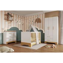 Quarto de Bebê Completo Guarda Roupa Cômoda e Berço 3 em 1 100 MDF Popy Móveis Peroba