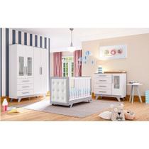 Quarto de Bebê Completo Guarda Roupa Cômoda Mesa e Berço com Capitone Kakau Retrô Espresso Móveis Branco Brilho/Cinza/material sintético Branco