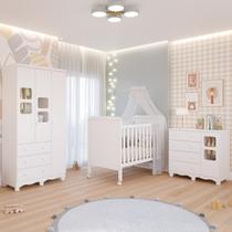 Quarto de Bebê Completo Guarda Roupa Uli 3 Portas 3 Gavetas Berço Mini Cama Cloe 2 Em 1 Cômoda Uli 4 Gavetas 1 Porta 100%MDF Móveis Peroba