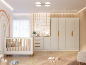 Quarto de Bebê Completo Infantil 4 Portas Grande Caramelo com Berço Cupcake Branco Nature MDF Permóbili Baby