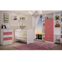 Quarto de Bebê Completo Leãozinho com Guarda Roupa 2 Portas, Cômoda e Berço Espresso Móveis Branco/Rosa