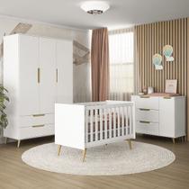 Quarto de Bebe Completo Retro Melinda Guarda Roupa 3 Portas, Comoda Lunna Berço Qencanto Branco Mobili