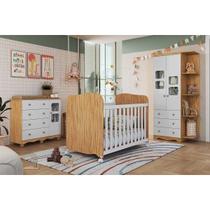 Quarto de Bebê Completo Uli 3 Peças (1GuardaRoupa+1Berço+1Cômoda) QI108 Branco/Amendoa - Peroba