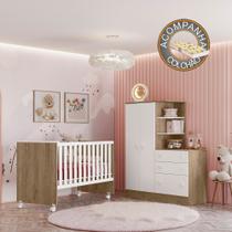 Quarto de Bebê Doce Sonho com Roupeiro + Berço Carvalho Branco Qmovi + Colchão Gazin