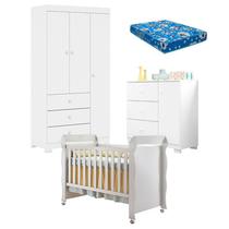 Quarto de Bebê Duda 3 Porta e Berço Americano Mirelle Branco Brilho com Colchão Ortobom Phoenix Baby