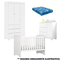 Quarto de Bebê Duda 3 Portas e Berço Americano Mini Cama Mel Branco Brilho com Colchão Phoenix Baby