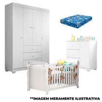 Quarto de Bebê Duda 4 Portas e Berço Americano Lara Branco Brilho com Colchão Phoenix Baby