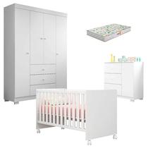 Quarto de Bebê Duda 4 Portas e Berço Americano Mini Cama Doce Sonho 100 Branco Brilho com Colchão Gazin Phoenix Baby