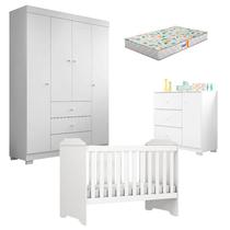 Quarto de Bebê Duda 4 Portas e Berço Americano Mini Cama Mel Branco Brilho com Colchão Gazin Phoenix Baby