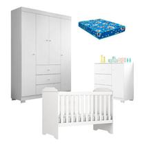 Quarto de Bebê Duda 4 Portas e Berço Americano Mini Cama Mel Branco Brilho com Colchão Ortobom Phoenix Baby