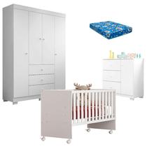 Quarto de Bebê Duda 4 Portas e Berço Nacional Doce Sonho 3540 Branco Brilho com Colchão Ortobom Phoenix Baby