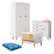 Quarto de Bebê Duda com Berço Americano Ligia Branco Acetinado Bétula e Colchão Ortobom Carolina Móveis