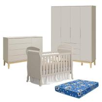 Quarto de Bebê Elfe Classic 4 Portas 3 Gavetas MDF 120CM Areia Natural com Berço e Colchão Ortobom Reller Móveis