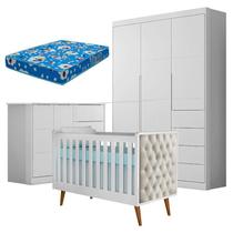 Quarto de Bebê Eloá com Berço Americano Lorena Branco Acetinado com Capitonê Bege e Colchão Ortobom Phoenix Baby