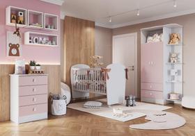 Quarto de Bebê Fofura, com Guarda Roupa, Comoda e Berço Móveis Percasa Branco/Rosa