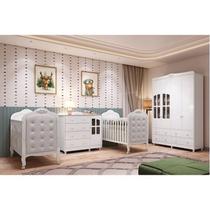 Quarto de Bebê Gêmeos 2 Berços Capitonê Guarda-Roupa e Cômoda Maya Clássico 100% MDF Espresso Móveis