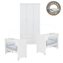 Quarto de Bebê Gemeos Berço c/Rod Colchão Light e Guarda Roupa Doce Sonho Branco Qmovi Ortobom