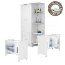 Quarto de Bebê Gemeos Berço c/Rod Colchão Light e Guarda Roupa Doce Sonho Branco Qmovi Ortobom