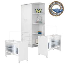 Quarto de Bebê Gemeos Berço c/Rod Colchão Physical e Guarda Roupa Doce Sonho Branco Qmovi Ortobom