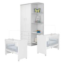 Quarto de Bebê Gemeos Berço c/Rod e Guarda Roupa Doce Sonho Branco Qmovi