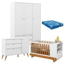 Quarto de Bebê Gold 3 Portas com Berço Multifuncional Bkids Branco Freijó Eco Wood e Colchão Matic