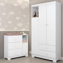 Quarto de Bebê Guarda-roupa 3 Portas Cômoda 3 Gavetas 1 Porta Flofy Branco