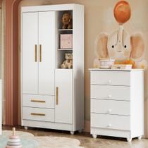 Quarto de Bebê Guarda Roupa 3 Portas e Cômoda 100% MDF Nina Branco Quarto de Bebê Guarda Roupa 3 Portas e Cômoda 100% MDF Nina Branco