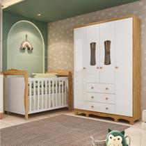 Quarto de Bebê Guarda-Roupa 4 Portas com Janelas e Berço Minicama 100% MDF Aurora Espresso Móveis Branco/Brilho/Amêndoa