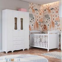 Quarto de Bebê Guarda-roupa 4 Portas com Janelas e Berço Minicama 100% Mdf Aurora Espresso Móveis Branco Brilho