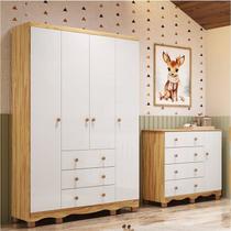 Quarto de Bebê Guarda-Roupa 4 Portas e Cômoda 100% MDF Nina Espresso Móveis Branco/Brilho/Amêndoa