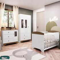 Quarto de Bebê Guarda Roupa Cômoda com Janelas Retangulo e Berço Americano 100% MDF Ayla Branco Brilho/Carvalho