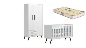 Quarto de Bebê Guarda Roupa e Berço Mini Cama com Colchão Q Encanto Retrô Branco - Móveis Leartam