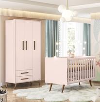 Quarto de Bebê Guarda Roupa e Berço Mini Cama Encanto Retrô Rosa - QMOVI